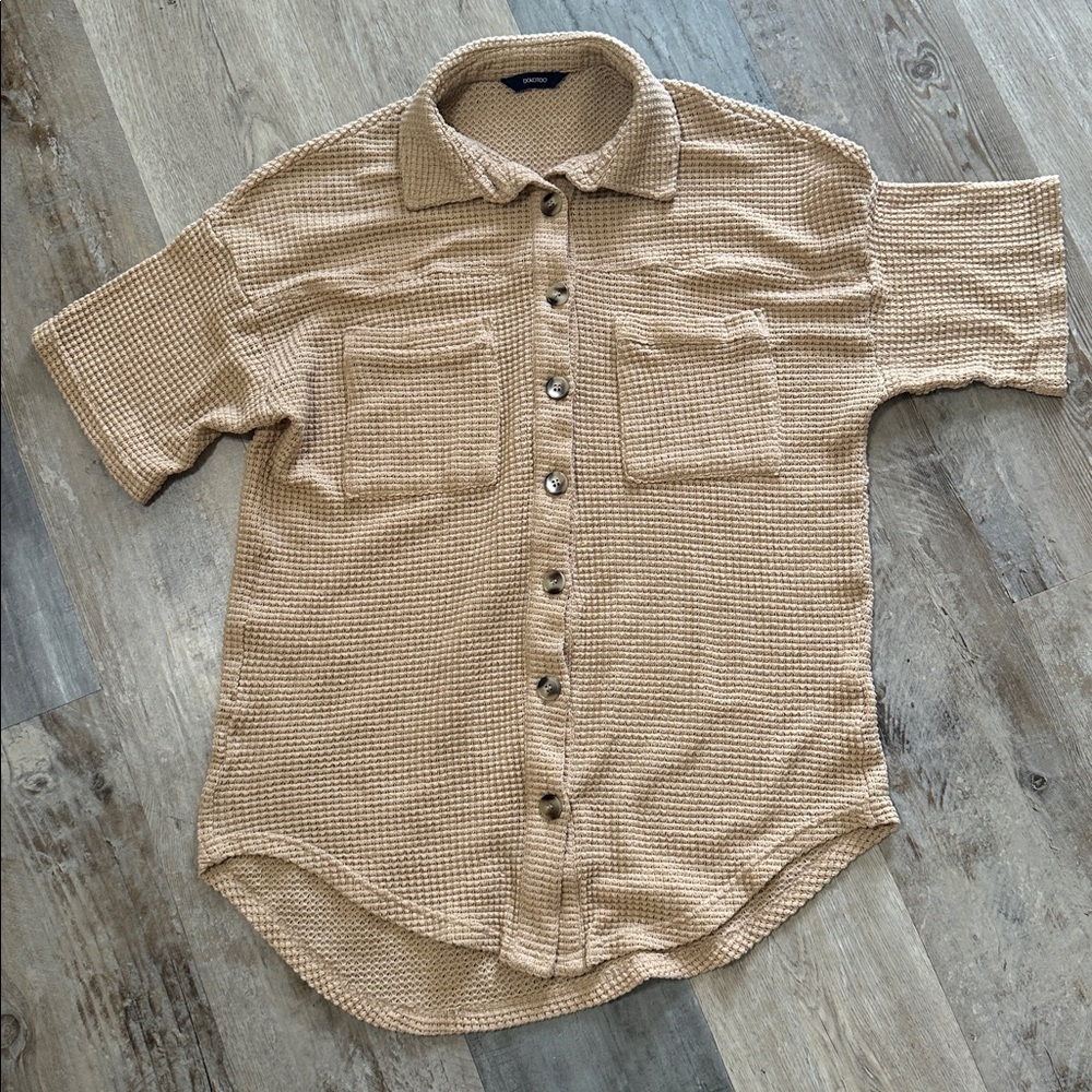 Men's Casual Tan Button Down Shirt waffle knit island vacation grandpacore